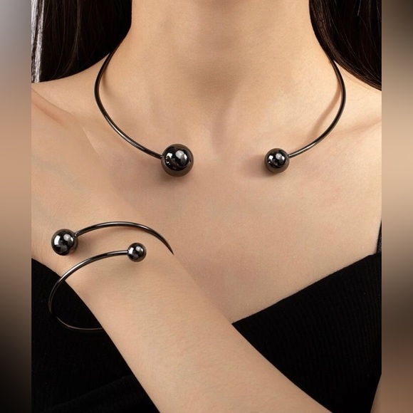 New Unique 2 Piece Metal Ball Open Collar Necklace & Bracelet Set - Picture 2 of 16